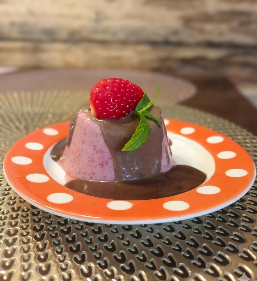 Vaarika mousse šokolaadikattega, värske maasika ja mündiga